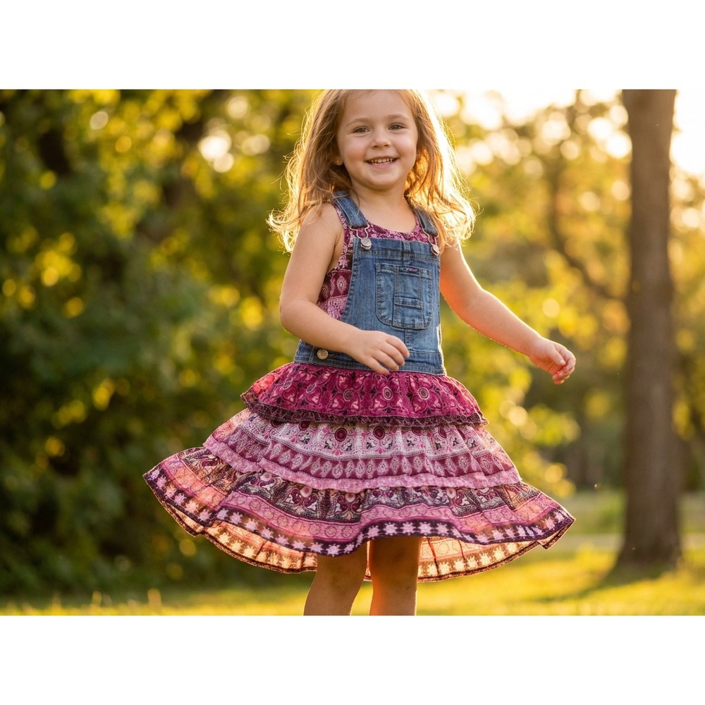 VNT‎ Jordache Girls Denim Overalls Dress Pink Paisley Ruffle Skirt Size  5T Boho